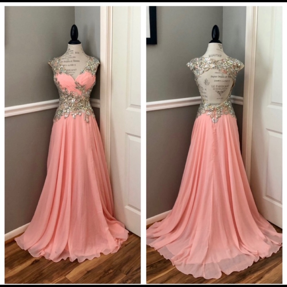 NEW JASZ COUTURE SZ 2 CORAL NUDE ILLUSION BEADED CHIFFON FORMAL EVENING GOWN